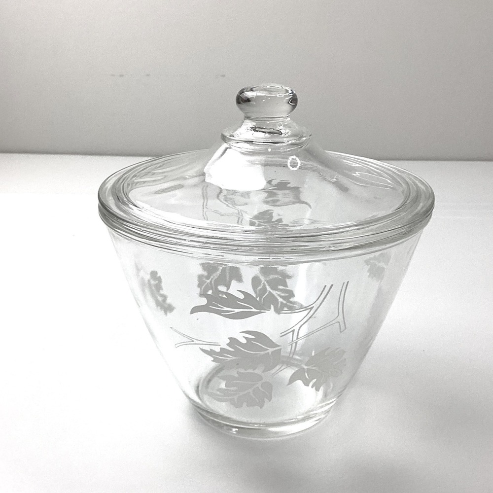 Vintage Frosted Leaf Clear Glass Candy Dish with Lid Sugar Bowl 5 inch